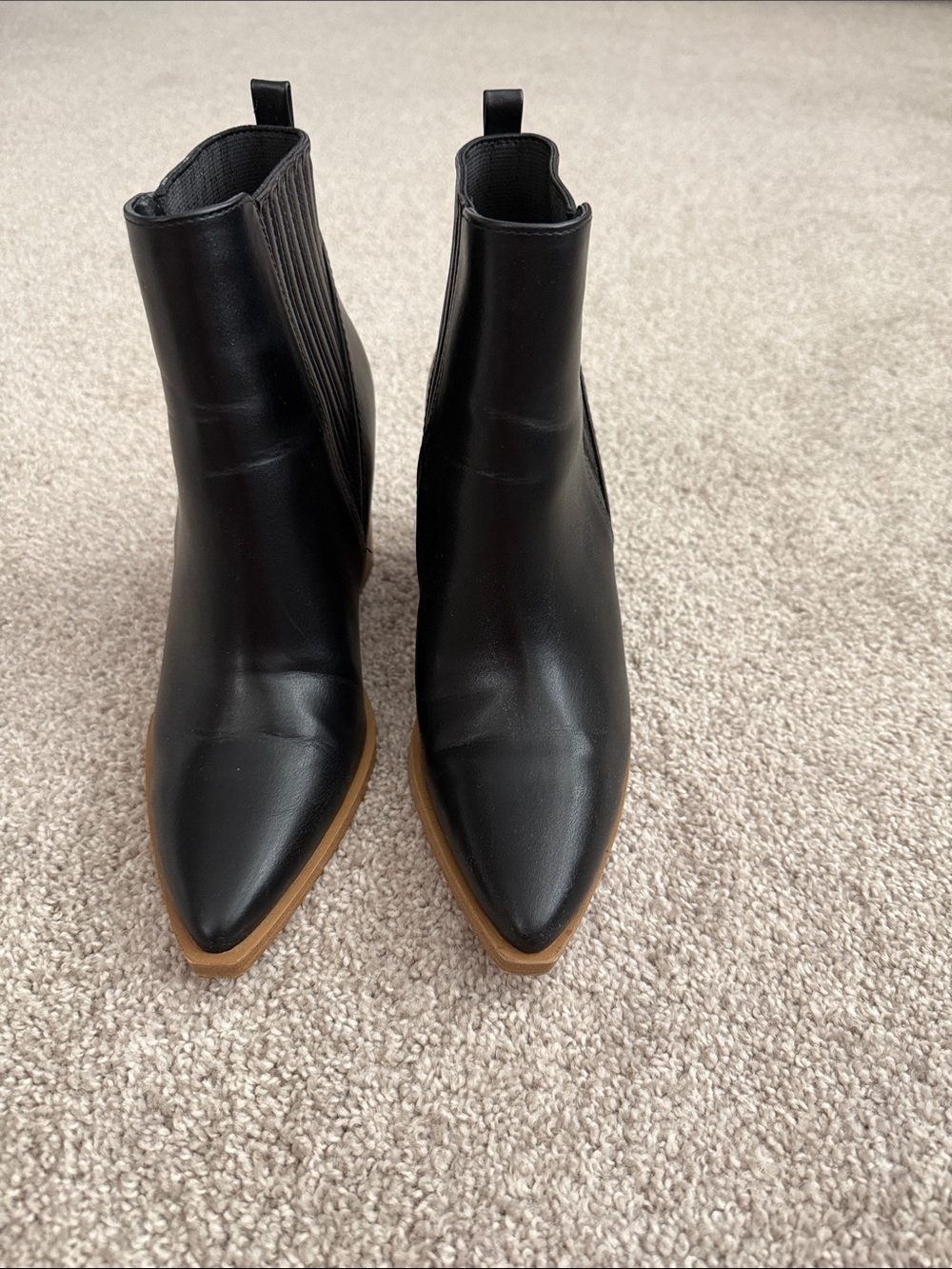 Soda Black Pointed Chelsea Ankle Boots with Tan Trim